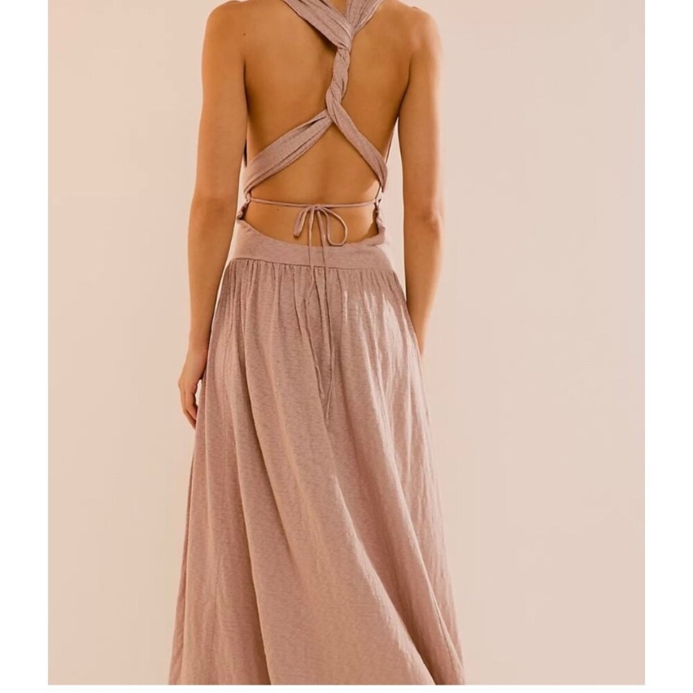 Free People Selena Maxi Dress tan‎ beachy boho 90s sz XL - Picture 2 of 8